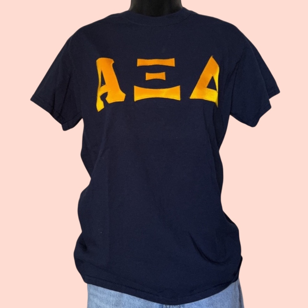 Alpha Xi Delta Sorority Greek Letters Tee – Size Small – Navy & Gold